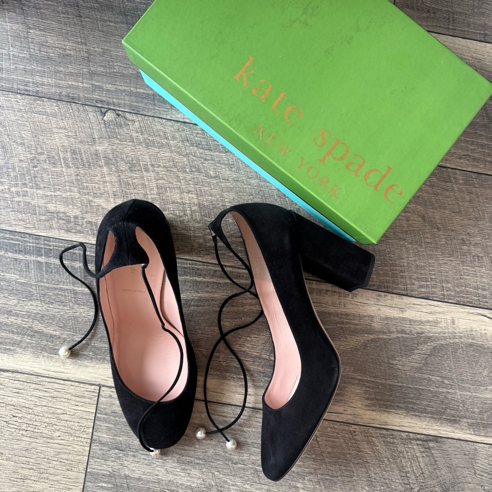 NWT Kate Spade Gena Shoes Black Suede Block Heels Pearl Elegant Design Size 11